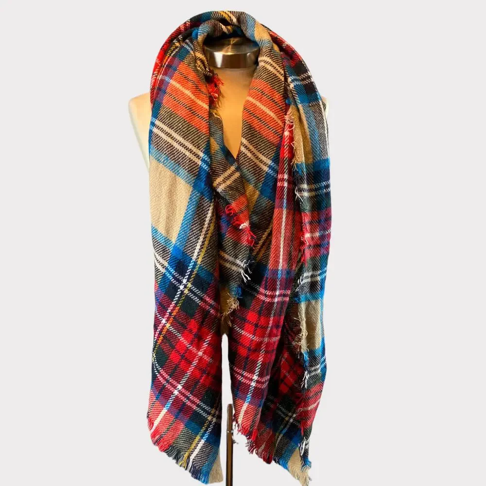 Large Blanket Scarf Plaid Blue Red White Cream 60